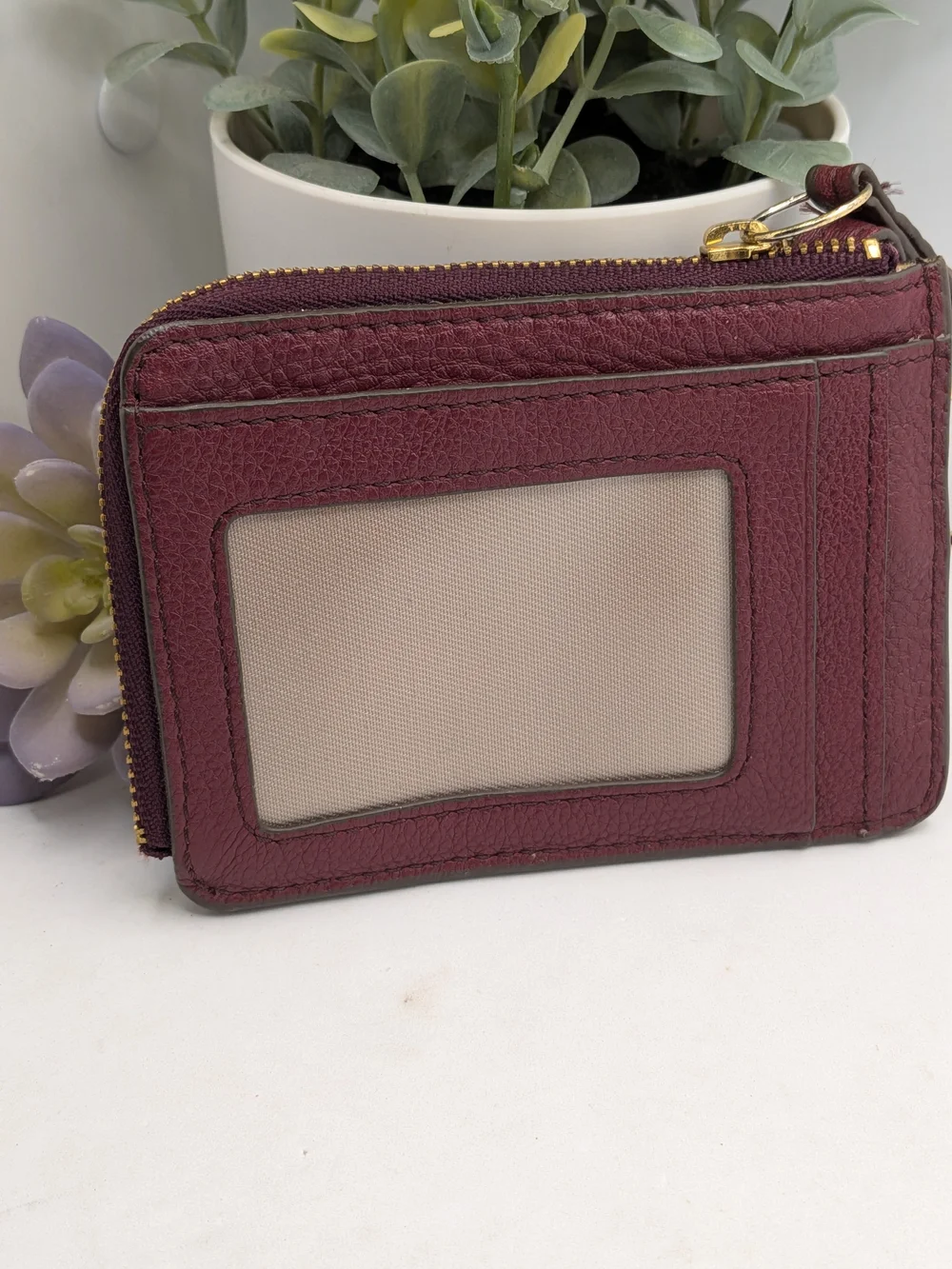 Fossil Women's Burgundy Leather Zip Key Card Holder